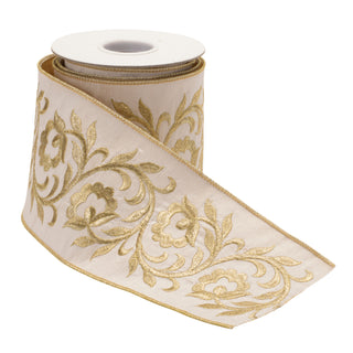 Ivory Ribbon w/Gold Embroidery 4" - Sold by the foot