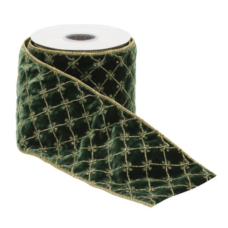 Green Velvet Ribbon w/Gold Embroidery 4" - Sold by the foot