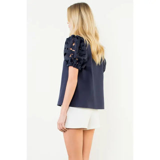 Navy Eyelet Sleeve V-Neck Top