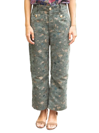 Abstract Velvet Jaquard Wide Leg Pants in Olive
