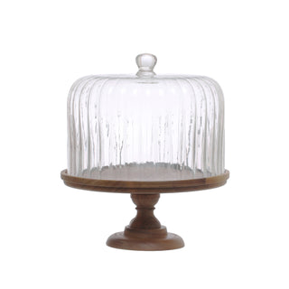 Acacia Wood Cake Stand with Fluted Glass Cloche