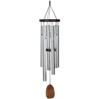 A teak finish ash wood wind chime with six silver silk-screened aluminum tubes and a wooden chime at the bottom.