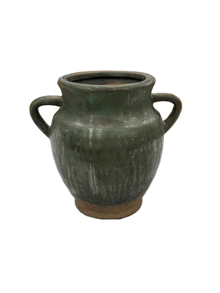 Aged Olive Dripped Glazed Pottery Jardinere Small