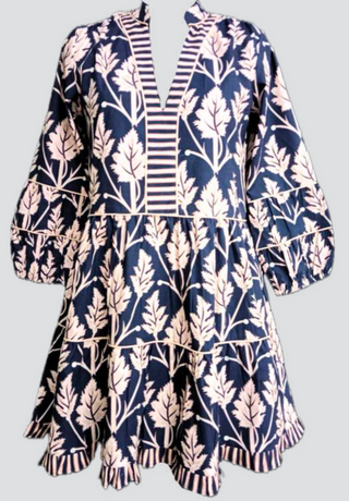 Alison Long Sleeve Dress, Navy/Neutral Leaves