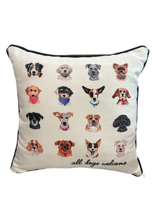 Decorative pillow with illustrations of dogs and 'all dogs welcome' text on a white background