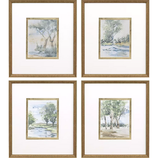 Along the Way I Artwork Assorted A set of four framed artworks featuring landscape scenes with trees and water, primarily in a gold and antique gold color palette.
