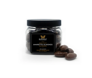 Jar of chocolate-covered almonds with a visible brand label on a white background milk chocolate