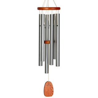 A medium-sized windchime with silver aluminum tubes and a cherry finish ash wood top, featuring the phrase 'Amazing Grace' silk-screened on one tube.