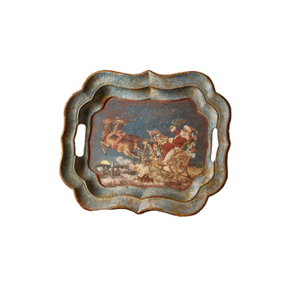 Americana Santa Tray
A decorative scalloped serving tray with a vintage style Christmas scene, featuring Santa Claus in a sleigh pulled by reindeer under a starry night sky red green distressed