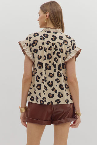 Animal Print Top with Flutter Sleeve