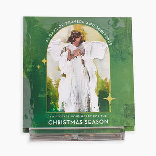 A set of 25 green cards with white scripture and prayer reflections, featuring an acrylic stand and a green background with a white angel figure.