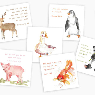 Children's Scripture Cards with watercolor illustration of two lions standing close together, with the title 'CHILDREN'S SCRIPTURE CARDS' printed at the bottom, anne neilson 