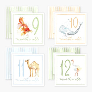 A set of milestone cards featuring watercolor illustrations of animals. One card shows a panda with the text '1 month old' and the back of card contains a scripture verse.