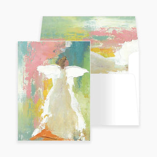 A set of notecards featuring a watercolor painting of an angel figure on the front with a white background and a lined envelope included, splendor notecards, anne neilson 