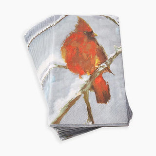 A stack of paper guest towels with a red bird perched on a branch printed in the center, Winter Song Guest Towels, anne neilson