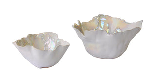 Two iridescent white ceramic bowls with scalloped edges pearl 