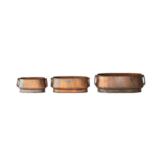 Antique Copper Oval Metal Planter with Ring Handle Assorted