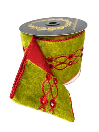 Apple Velvet Red Metallic Dupion Jeweled Embroidered Loops Ribbon 4" - SOLD BY THE FOOT
A spool of olive green velvet ribbon with red embroidered scrollwork and red trim red back apple green