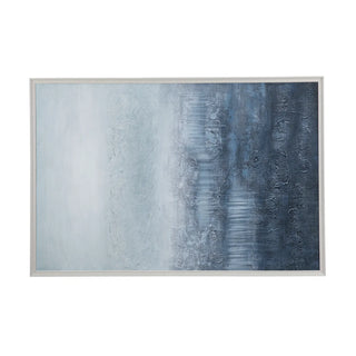 Arctic Layers Framed Canvas Abstract art piece with textured blue and gray gradient in a silver frame on a white background