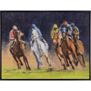Around the Bend Framed Canvas horse horses race white brown jockey green red blue black