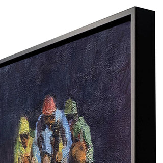 Around the Bend Framed Canvas
A close-up of a framed canvas print showing an impressionistic painting of three jockey in colorful clothing black frame horse race