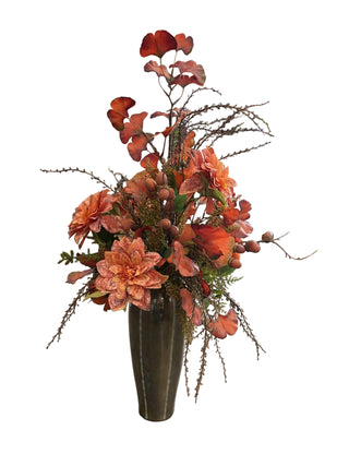 Autumn Arrangement in Tall Green & Beige Vase beige green gingko orange dahlia twig acorn burgundy