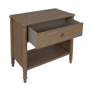 Ashford Turned Leg Nightstand with Drawer and Shelf, Chestnut Brown antique brass pull bayur wood mindi veneer