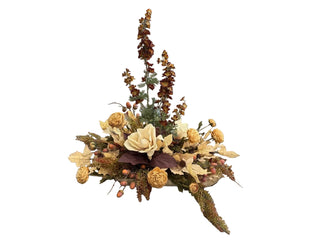 Autumn Arrangement in Dough Bowl purple burgundy cream yellow brown green lilac magnolia acorn ranunculus fall