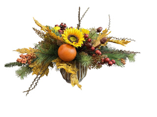 Autumn Sunflower & Orange Arrangement in Beige Pot
An autumn-themed floral centerpiece in a ribbed green glass vase, featuring a yellow sunflower, orange  red berries, pine branches, and yellowed leaves fall greenery yellow rosehip acorn