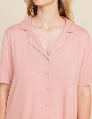boody dusty pink goodnight short sleeved sleep shirt, organic bamboo, collared shirt, button down 