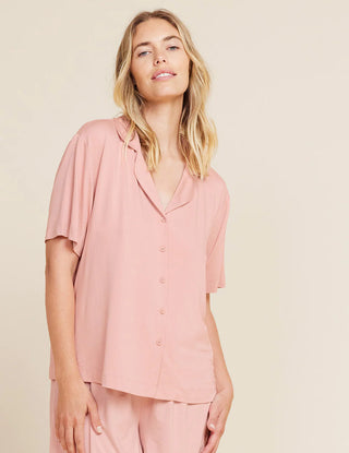 boody dusty pink goodnight short sleeved sleep shirt, organic bamboo, collared shirt, button down 