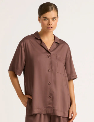 boody vegan silk short sleeve sleep shirt, brown, collared top, button down