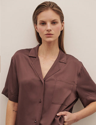 boody vegan silk short sleeve sleep shirt, brown, collared top, button down