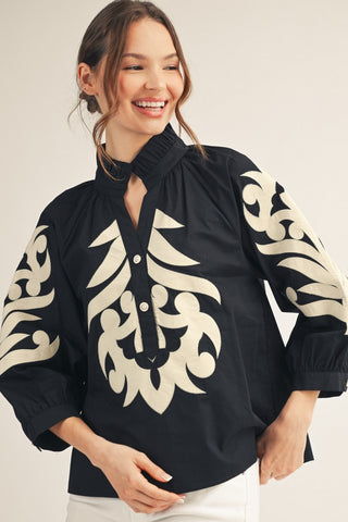 Baroque Applique Detail Top in Black cream