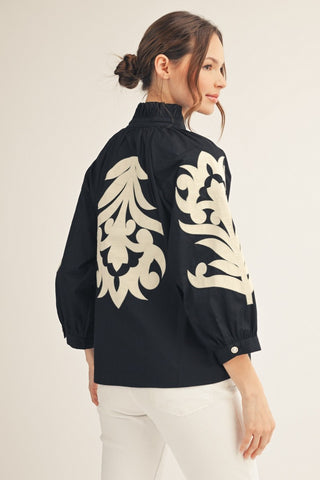 Baroque Applique Detail Top in Black cream ruffle neck
