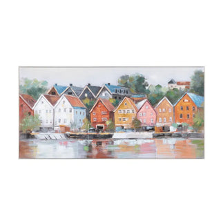 Barr framed canvas houses with bright colors on peaceful water 60 x 30