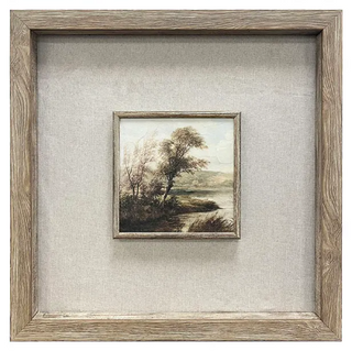 Barton Framed Wall Art Assorted
A square framed landscape art print with a rustic weathered wood frame and a textured beige linen mat, showcasing a small painting of a tree by a lake.