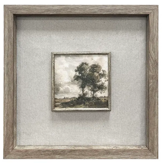 Barton Framed Wall Art Assorted
A square framed landscape art print featuring a small painting of trees in a field under a cloudy sky, set within a wide rustic gray-brown wooden frame with a textured light gray linen mat.