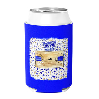 A blue can cooler with a design that includes a basketball net and the state of Kentucky's silhouette.