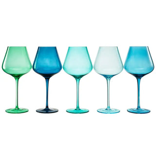 A set of five wine glasses in varying shades of blue and green, each with a large stem and a wide bowl, displayed against a white background.