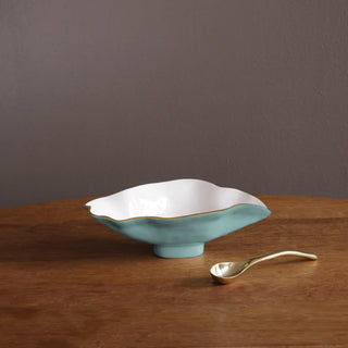 Beatriz Ball Encanto Claire Small Oval Bowl with Spool, Turquoise, White & Gold food safe handmade enamel food safe gold rim