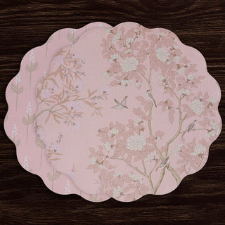 Beatriz Ball Vida Chinoiserie Reversible Round Placemats, Set of 4, Pink & White birds reusable washable