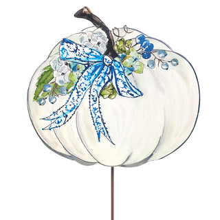 Beck's Autumn Hydrangea White with Blue Pumpkin Stake
A decorative white pumpkin sign on a metal stake, featuring a blue patterned bow, green leaves, blue berries, and a brown stem