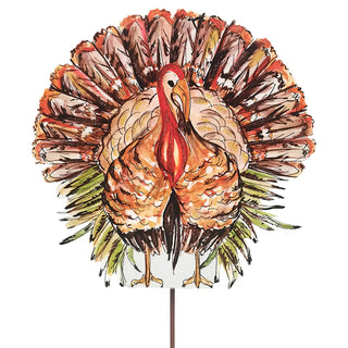 Decorative garden stake with a turkey and a fan of feather green brown red Thanksgiving orange