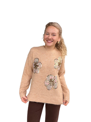 Woman in Beige Floral Sweater