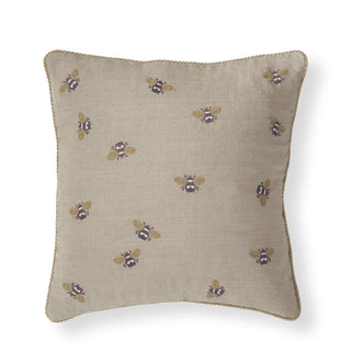 Beige Linen Embroidered Bees Pillow 18"