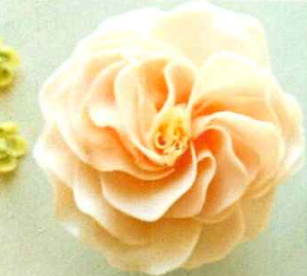 A floral-shaped soap with a cream color, resembling a petal, with a bar of soap at the bottom. Belle Grace Petal Soap Flower.
