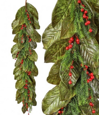Berry Magnolia Leaf Garland 48" Christmas traditional holiday winter red berries green