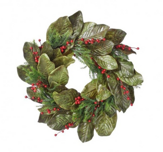 Berry Magnolia Leaf Wreath 26" green red Christmas realistic