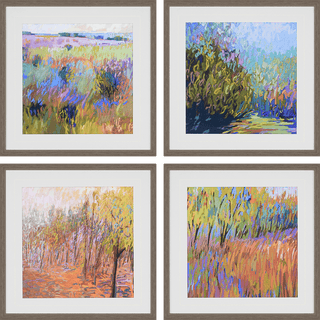 Beyond Artwork Assorted
Set of four framed landscape art prints arranged in a 2x2 grid. Each print features an impressionistic brushstroke painting of a natural scene, including grassy fields, trees, and foliage, set within white mats and square frames country countryside vibrant multicolor field tree pink green blue purple